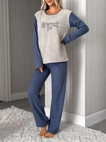 SHEIN Women 2pcs Striped Rib Knit&Fuzzy With Lettered Embroiedery Detailed Round Neck Long Sleeved & Long Pants Homewear Comfort Pajama Set - Multicolor - View 4