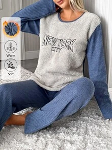 SHEIN Women 2pcs Striped Rib Knit&Fuzzy With Lettered Embroiedery Detailed Round Neck Long Sleeved & Long Pants Homewear Comfort Pajama Set - Multicolor - View 5