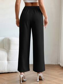 SHEIN PETITE High Waist Plicated Detail Straight Leg Trousers - Black - View 3