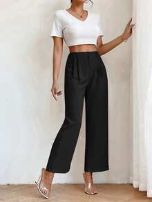 SHEIN PETITE High Waist Plicated Detail Straight Leg Trousers - Black - View 5