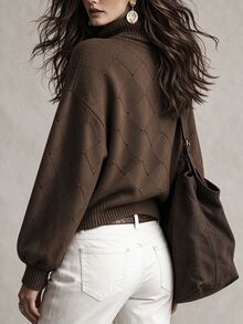 SHEIN PariChic Women's Solid Color Turtleneck Long Sleeve Casual Versatile Sweater - Coffee Brown - View 2
