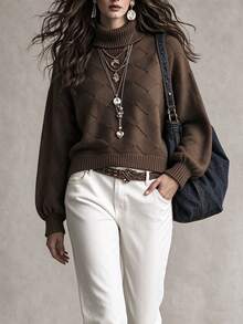 SHEIN PariChic Women's Solid Color Turtleneck Long Sleeve Casual Versatile Sweater - Coffee Brown - View 7