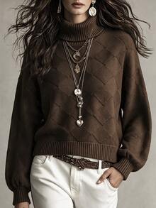 SHEIN PariChic Women's Solid Color Turtleneck Long Sleeve Casual Versatile Sweater - Coffee Brown - View 1