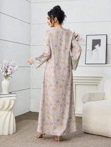 Yasmyna Romantic Floral Lace Patchwork Loose   Embroidered Bell Sleeves Pastel Pink Long Sleeve Woven Formal Casual For Women Dress - Multicolor - View 2
