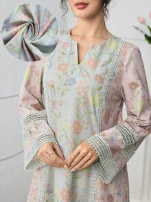 Yasmyna Romantic Floral Lace Patchwork Loose   Embroidered Bell Sleeves Pastel Pink Long Sleeve Woven Formal Casual For Women Dress - Multicolor - View 1