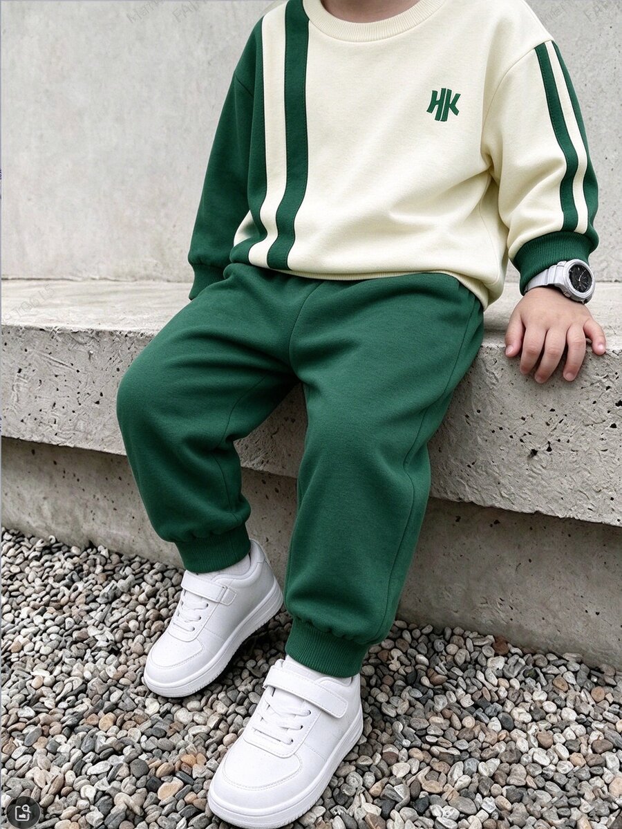 Boys' Colorblock Striped Sweatshirt Set, Fashionable Contrast Design For Handsome Outfit, Suitable For Daily Wear, Outings And School, Creating Casual Look For Boys - Multicolor - View 1