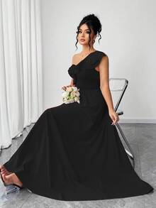 Elenzga Plus Size Women's Elegant Ruffle Trim Spaghetti Strap Solid Color Dress,Black,Autumn,Formal,Evening,Formal,Prom,Date Party,Wedding Season,Outdoor - Black - View 5