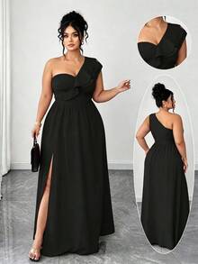 Elenzga Plus Size Women's Elegant Ruffle Trim Spaghetti Strap Solid Color Dress,Black,Autumn,Formal,Evening,Formal,Prom,Date Party,Wedding Season,Outdoor - Black - View 1