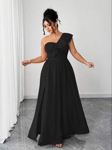 Elenzga Plus Size Women's Elegant Ruffle Trim Spaghetti Strap Solid Color Dress,Black,Autumn,Formal,Evening,Formal,Prom,Date Party,Wedding Season,Outdoor - Black - View 6