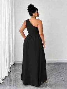 Elenzga Plus Size Women's Elegant Ruffle Trim Spaghetti Strap Solid Color Dress,Black,Autumn,Formal,Evening,Formal,Prom,Date Party,Wedding Season,Outdoor - Black - View 2