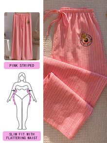 TOM & JERRY X SHEIN SHEIN EZwear 大尺碼條紋抽繩腰休閒長褲，適合海灘度假、假期秋季穿著 - 彩色 - 查看 1