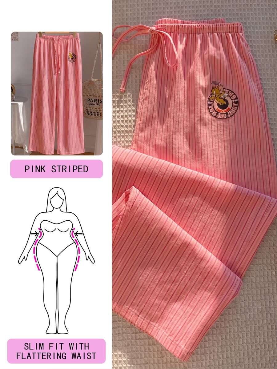 TOM & JERRY X SHEIN SHEIN EZwear 大尺碼條紋抽繩腰休閒長褲,適合海灘度假、假期秋季穿著 - 彩色 - 查看 1