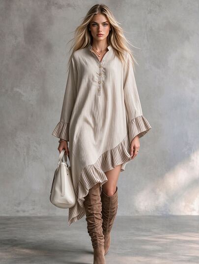 SHEIN Women's Artistic Style V-Neck Loose Fit Comfortable Striped Patchwork Frill Trim Dress, Casual Vacation Daily Outing Outfit,Fall Dresses For Women