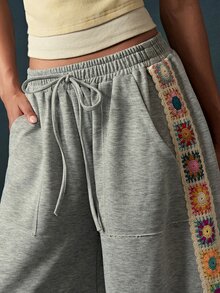 Bohemela Women's Vintage Woven Drawstring Waist Pocket Loose Long Pants - Grey - View 3