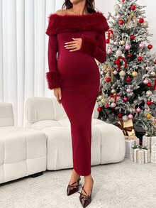 SHEIN Maternity Autumn/Winter Elegant Fuzzy Patchwork Off-Shoulder Bodycon Dress - Burgundy - View 5