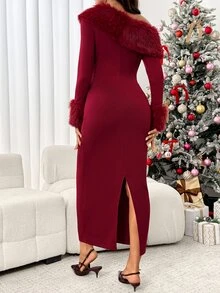 SHEIN Maternity Autumn/Winter Elegant Fuzzy Patchwork Off-Shoulder Bodycon Dress - Burgundy - View 8
