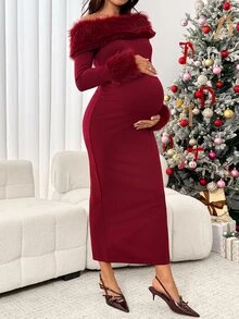 SHEIN Maternity Autumn/Winter Elegant Fuzzy Patchwork Off-Shoulder Bodycon Dress - Burgundy - View 1