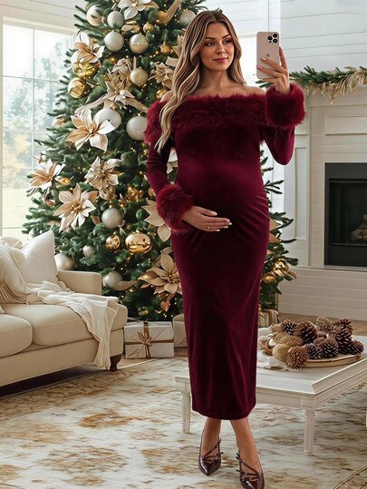 SHEIN Maternity Autumn/Winter Elegant Fuzzy Patchwork Off-Shoulder Bodycon Dress