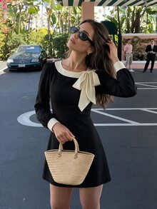 SHEIN PariChic 女款拼色蝴蝶結休閒派對洋裝 - 黑色 - 查看 1