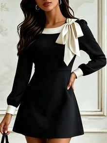 SHEIN PariChic 女款拼色蝴蝶結休閒派對洋裝 - 黑色 - 查看 6