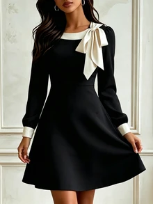 SHEIN PariChic 女款拼色蝴蝶結休閒派對洋裝 - 黑色 - 查看 4