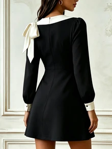 SHEIN PariChic 女款拼色蝴蝶結休閒派對洋裝 - 黑色 - 查看 2