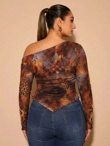 SHEIN BAE Plus Size Leopard Print Long Sleeve Asymmetrical Shoulder T-Shirt - Multicolor - View 2