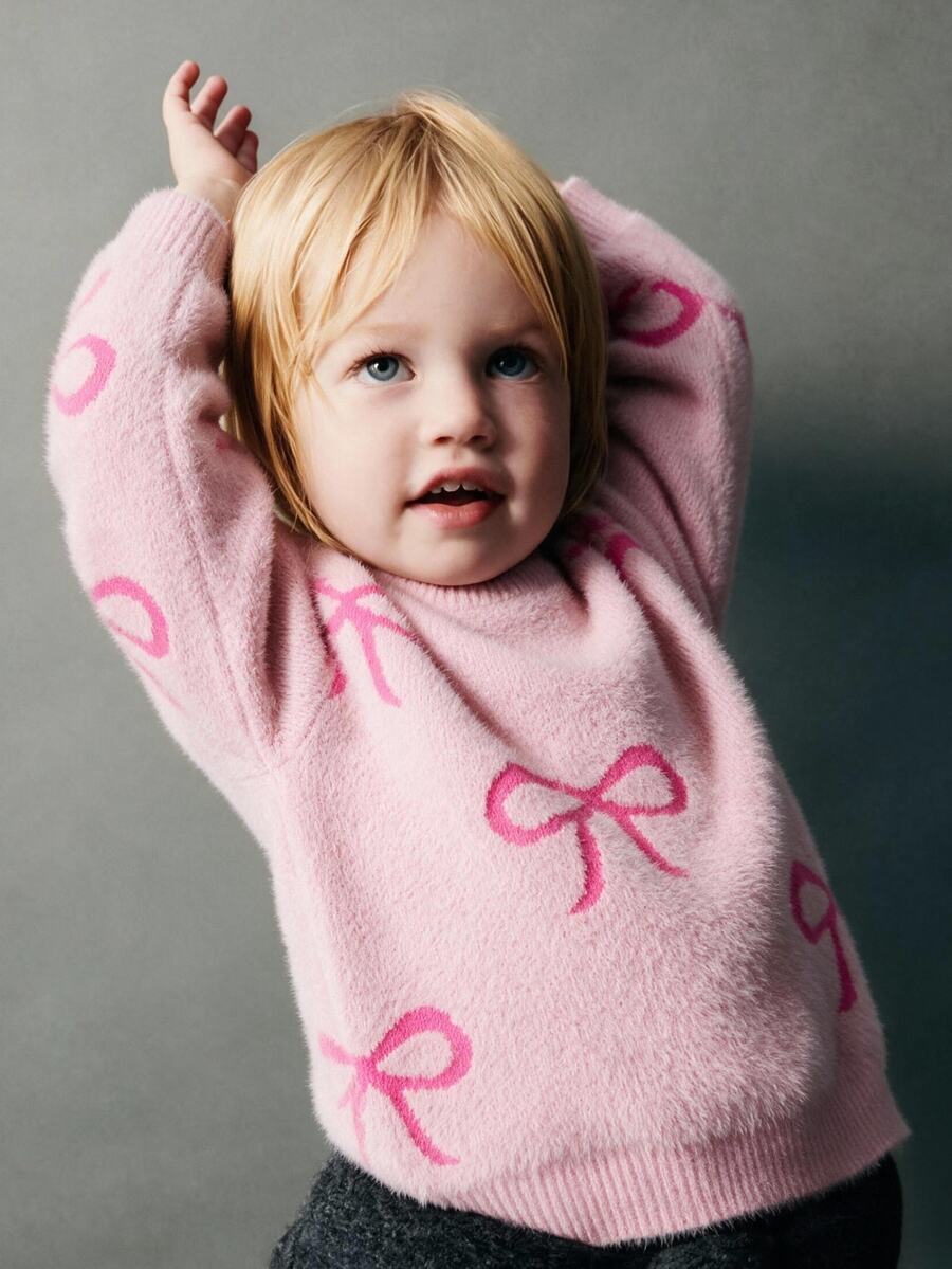 Maija Kids Maija Kids Young Girl Bow Pattern Casual Daily Long Sleeve Sweater - Pink - View 1