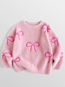 Maija Kids Maija Kids Young Girl Bow Pattern Casual Daily Long Sleeve Sweater - Pink - View 3