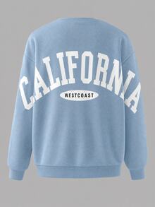 青少年男孩數位印花 California 英文字母時尚休閒圓領長袖衛衣上衣 淺藍色 - 彩色 - 查看 2