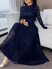 Modelyn 女士花卉蕾丝领长袖褶裥下摆优雅连衣裙 - 藏蓝色 - 查看 4