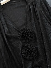 Velvienne Plus Size Women's Versatile Multi-Occasion Long Sleeve Shiny Metallic V-Neck 3D Floral Design Elegant Loose Blouse - Black - View 5