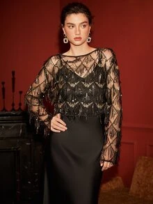 Arave Women's 2 Pieces Set A-Line Textured Satin Mesh Sequin Geometric Fringe Hem Overlay Cami Elegant Sexy Black New Year Dinner Night Out Beige Fall - Black - View 4