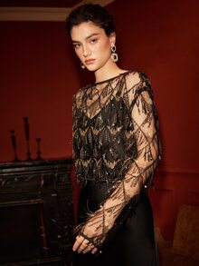 Arave Women's 2 Pieces Set A-Line Textured Satin Mesh Sequin Geometric Fringe Hem Overlay Cami Elegant Sexy Black New Year Dinner Night Out Beige Fall - Black - View 5
