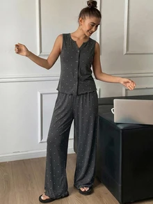 DAZY 2pcs Polka Dot Print Sleeveless Button-Front Tank Top & Straight Leg Long Pajama Pants Set, Summer Women's Sleepwear - Grey - View 4