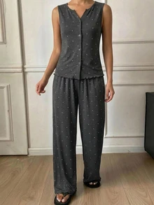 DAZY 2pcs Polka Dot Print Sleeveless Button-Front Tank Top & Straight Leg Long Pajama Pants Set, Summer Women's Sleepwear - Grey - View 5