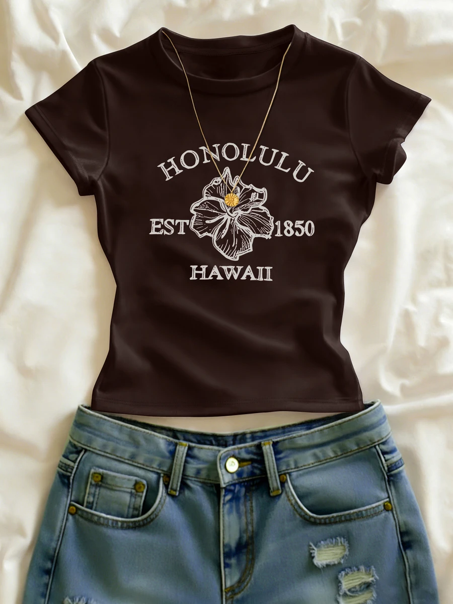 IslaSuriya Brown Round Neck Floral Pattern Beach Vacation Top, Fashion Beach Top, Casual Fitted T-Shirt - Brown - View 1