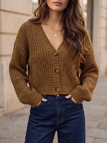 Elafinee Women's Solid Color Drop Shoulder Long Sleeve Single-Breasted Knit Cardigan - Brown - View 2