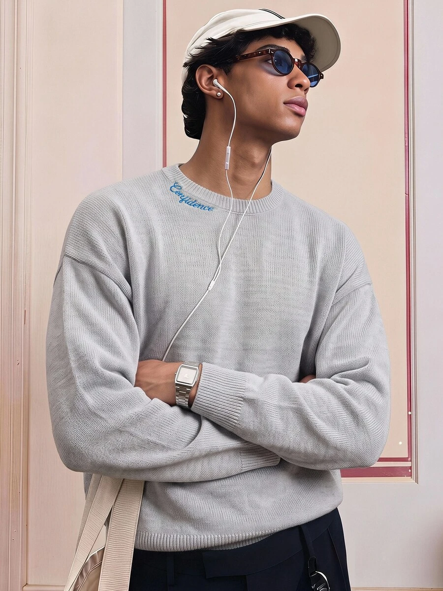 SWAVVY Fashion Men's Letter Embroidered Crew Neck Long Sleeve Casual Sweater - Light Grey - View 1