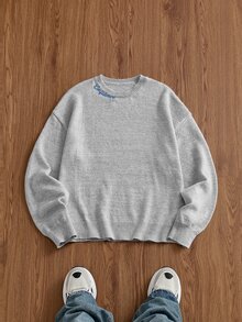 SWAVVY 時尚男士字母刺繡圓領長袖休閒毛衣 - 淺灰色 - 查看 4