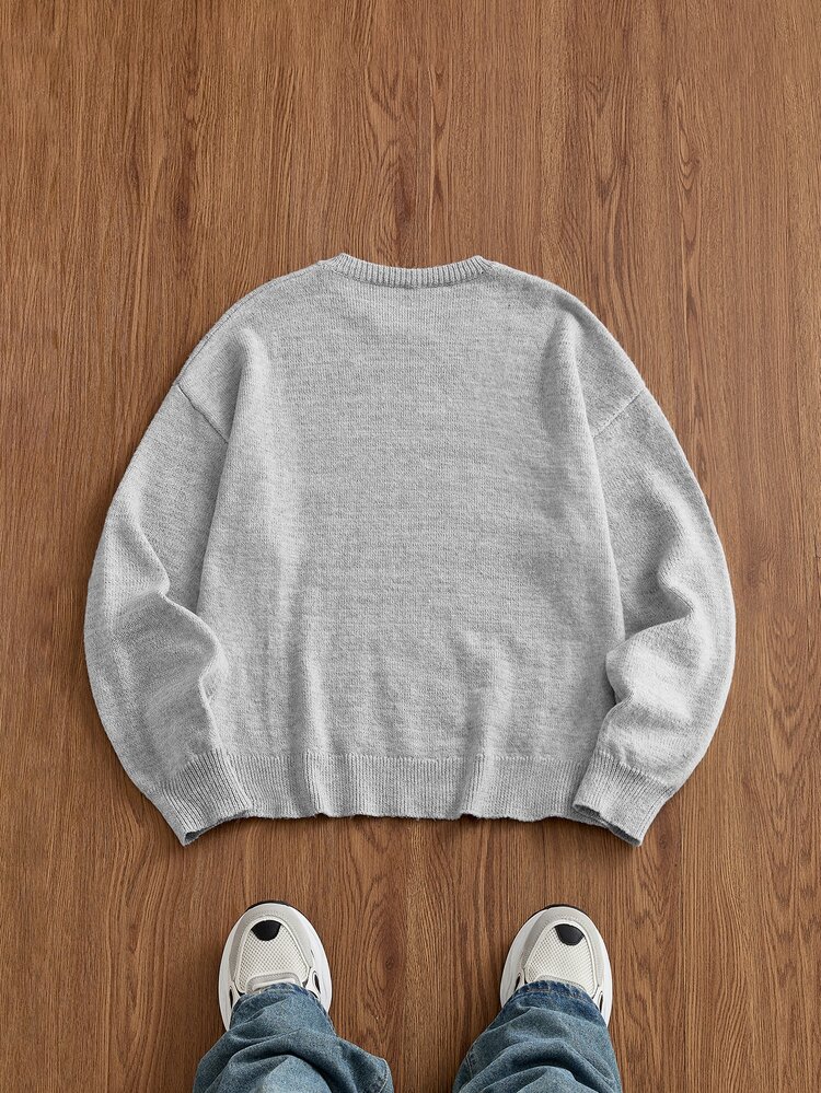 SWAVVY Fashion Men's Letter Embroidered Crew Neck Long Sleeve Casual Sweater - Light Grey - View 3