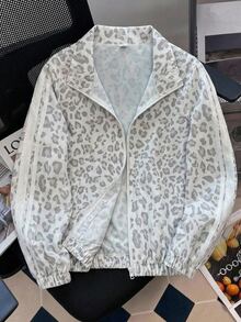 SHEIN Teen Girl Teen Girls Jackets Leopard Print Long Sleeve Zip-Up Casual Jacket Spring Winter - Grey - View 3