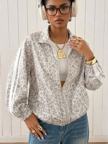 SHEIN Teen Girl Teen Girls Jackets Leopard Print Long Sleeve Zip-Up Casual Jacket Spring Winter - Grey - View 1
