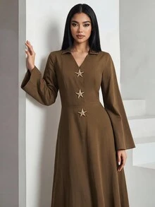 Veilorie 女士V领喇叭袖海星装饰纽扣时尚阿拉伯风格连衣裙 - 咖啡棕 - 查看 1