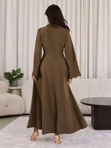 Veilorie 女士V领喇叭袖海星装饰纽扣时尚阿拉伯风格连衣裙 - 咖啡棕 - 查看 3