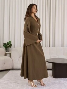 Veilorie 女士V领喇叭袖海星装饰纽扣时尚阿拉伯风格连衣裙 - 咖啡棕 - 查看 6