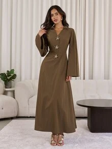 Veilorie 女士V领喇叭袖海星装饰纽扣时尚阿拉伯风格连衣裙 - 咖啡棕 - 查看 4