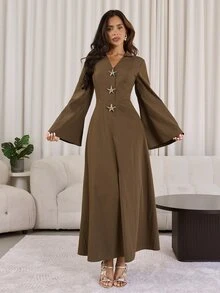 Veilorie 女士V领喇叭袖海星装饰纽扣时尚阿拉伯风格连衣裙 - 咖啡棕 - 查看 5
