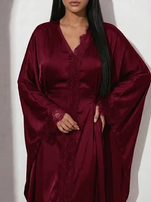 Veilorie فستان نسائي أنيق بلون موحد مع تطريز دانتيل وأكمام خفاشية - عنابي اللون - مشاهدة 5