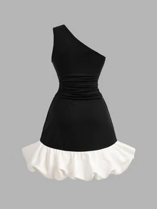 Pitira Kids Tween Girl Tween Girl Tween Girls Elegant Party Black & White Colorblock One Shoulder Puff Hem Mini Dress - Black and White - View 2